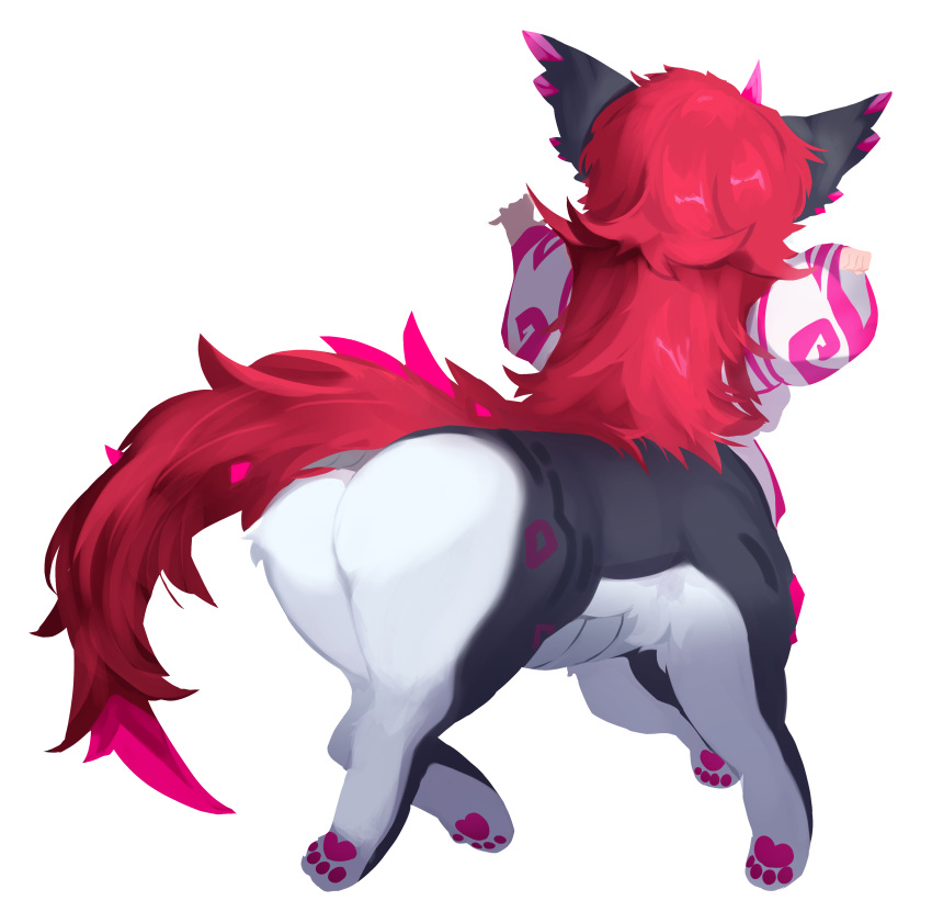 1_horn absurd_res black_body black_fur butt clothed clothing female fur hair hi_res horn long_hair mammal pawpads rear_view red_hair red_tail skysakura solo taur white_body white_fur