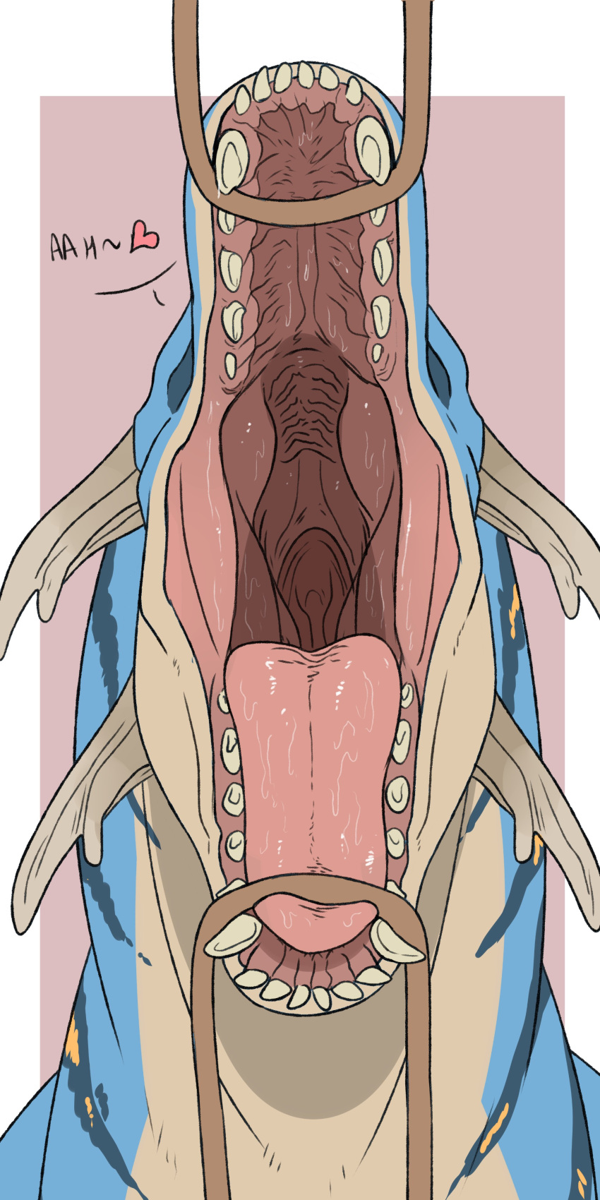 &lt;3 1:2 absurd_res ambiguous_gender blue_body bodily_fluids front_view hi_res horn imperatorcaesar mouth_shot open_mouth pink_background pink_tongue saliva saliva_on_tongue simple_background solo striped_body striped_neck stripes tan_body tan_horn tan_teeth tongue yellow_body