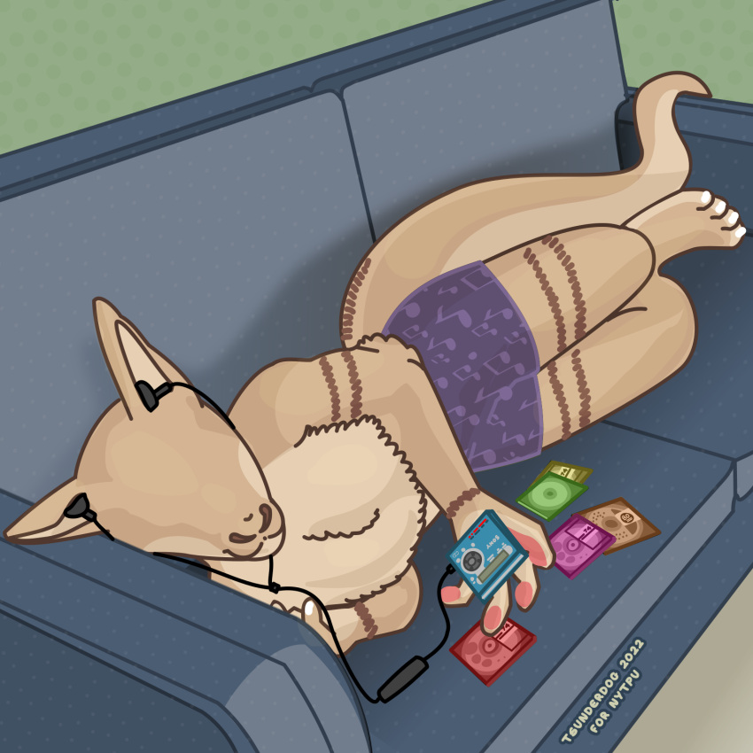 anthro clothing digital_media_(artwork) earbuds echo_(tamun) eyeless female fur furniture headphones hi_res lying minidisc_player on_side simple_background sofa solo tan_body tan_fur tsunderdog underwear