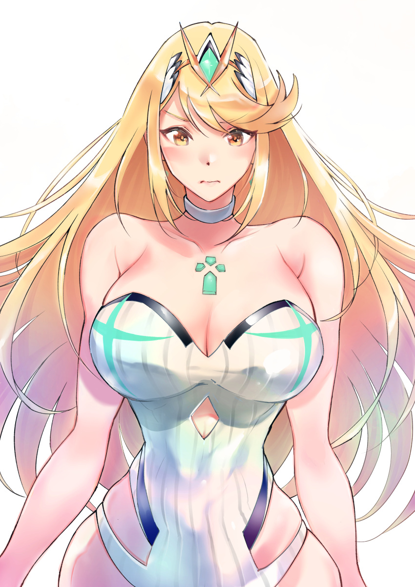 1girl absurdres bangs blonde_hair breasts chest_jewel gem headpiece highres large_breasts long_hair mythra_(radiant_beach)_(xenoblade) mythra_(xenoblade) one-piece_swimsuit ribbed_swimsuit solo strapless strapless_swimsuit striped striped_swimsuit swept_bangs swimsuit tiara two-tone_swimsuit ug333333 vertical-striped_swimsuit vertical_stripes very_long_hair white_swimsuit xenoblade_chronicles_(series) xenoblade_chronicles_2 yellow_eyes