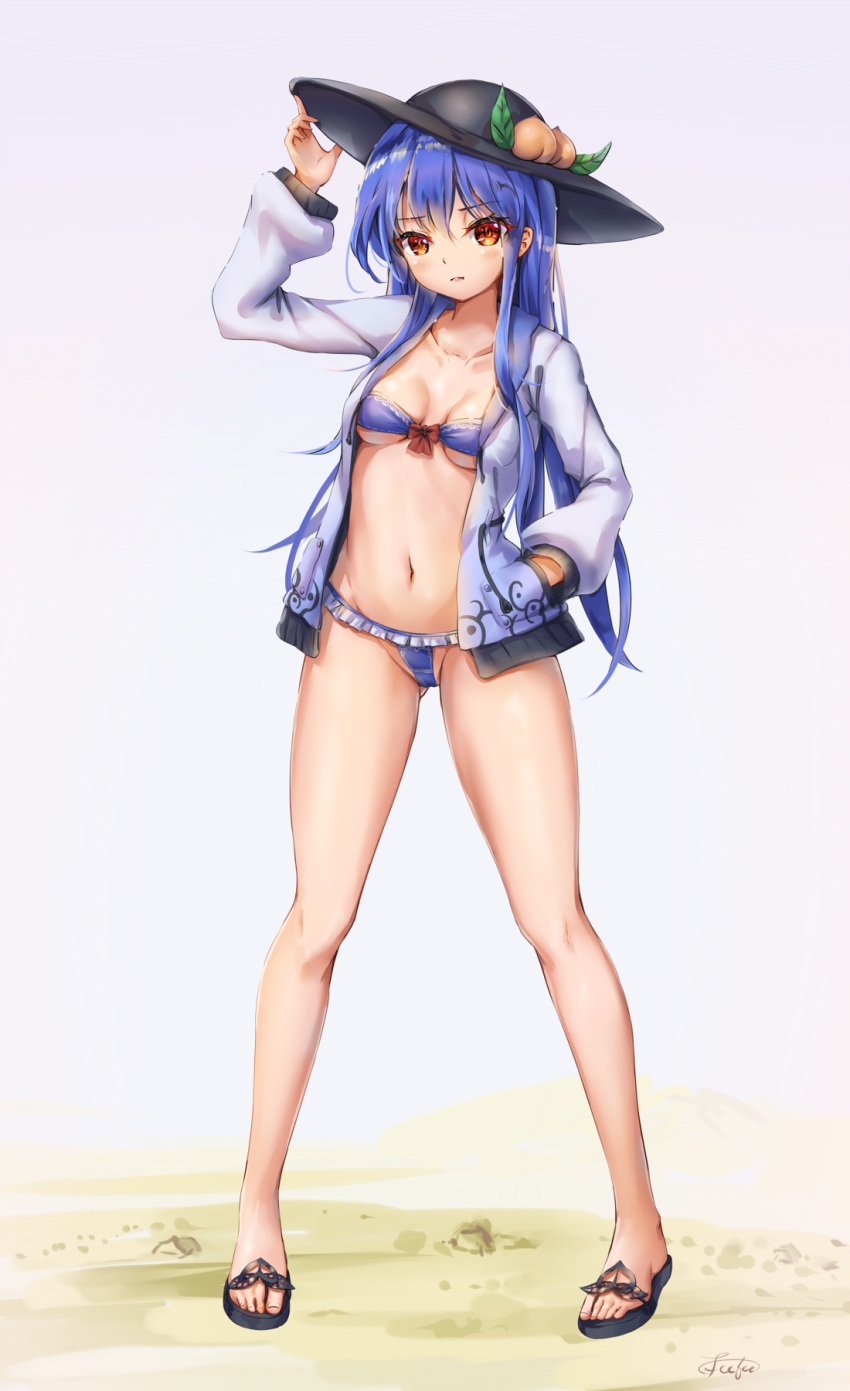 1girl ass_visible_through_thighs bikini black_footwear black_headwear blue_bikini breasts cleavage closed_mouth fii_fii_(feefeeowo) food fruit full_body groin hand_in_pocket hand_on_headwear highres hinanawi_tenshi leaf long_sleeves looking_at_viewer navel open_clothes open_shirt peach red_eyes shirt simple_background small_breasts solo standing swimsuit touhou white_background white_shirt