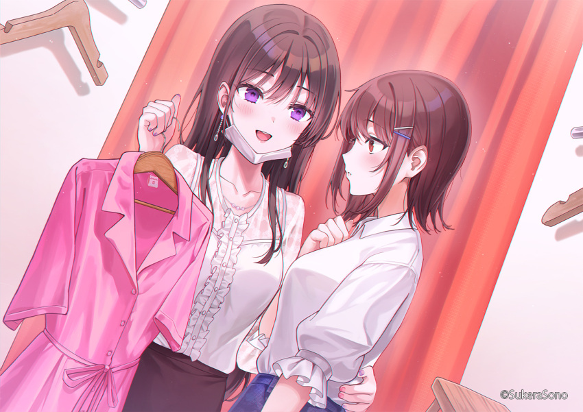 2girls bangs blush breasts brown_eyes brown_hair clothes_hanger dutch_angle earrings fitting_room hair_ornament hairclip jewelry long_hair medium_breasts multiple_girls necklace original purple_eyes rangu short_hair