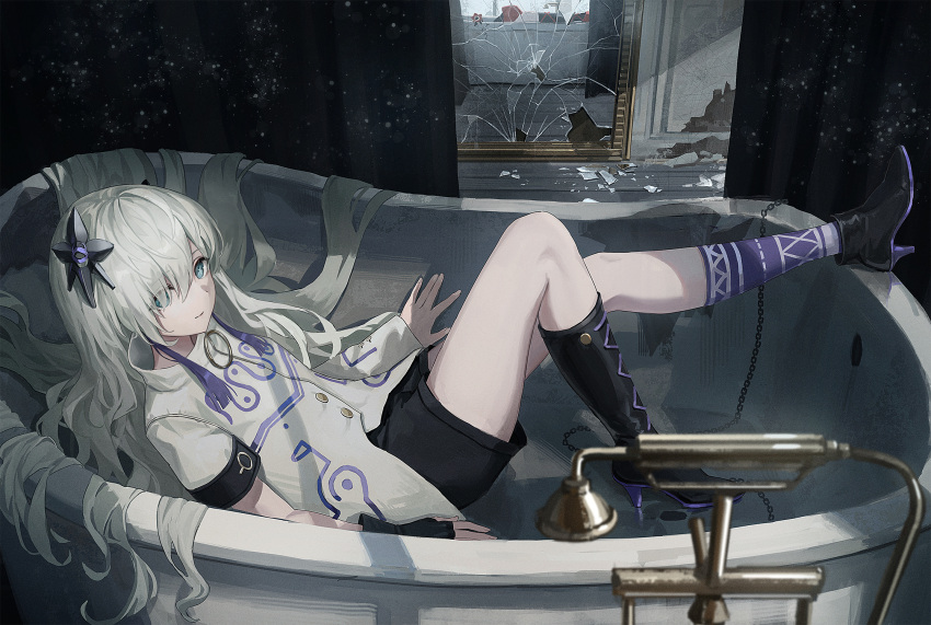 1girl asymmetrical_legwear asymmetrical_sleeves bathtub boots bright_pupils broken_glass broken_mirror cevio character_request different_reflection fingerless_gloves glass gloves highres im_catfood jacket long_hair looking_at_viewer mirror purple_eyes purple_hair reflection ruins sekai_(cevio) smile socks solo white_hair white_pupils wooden_floor