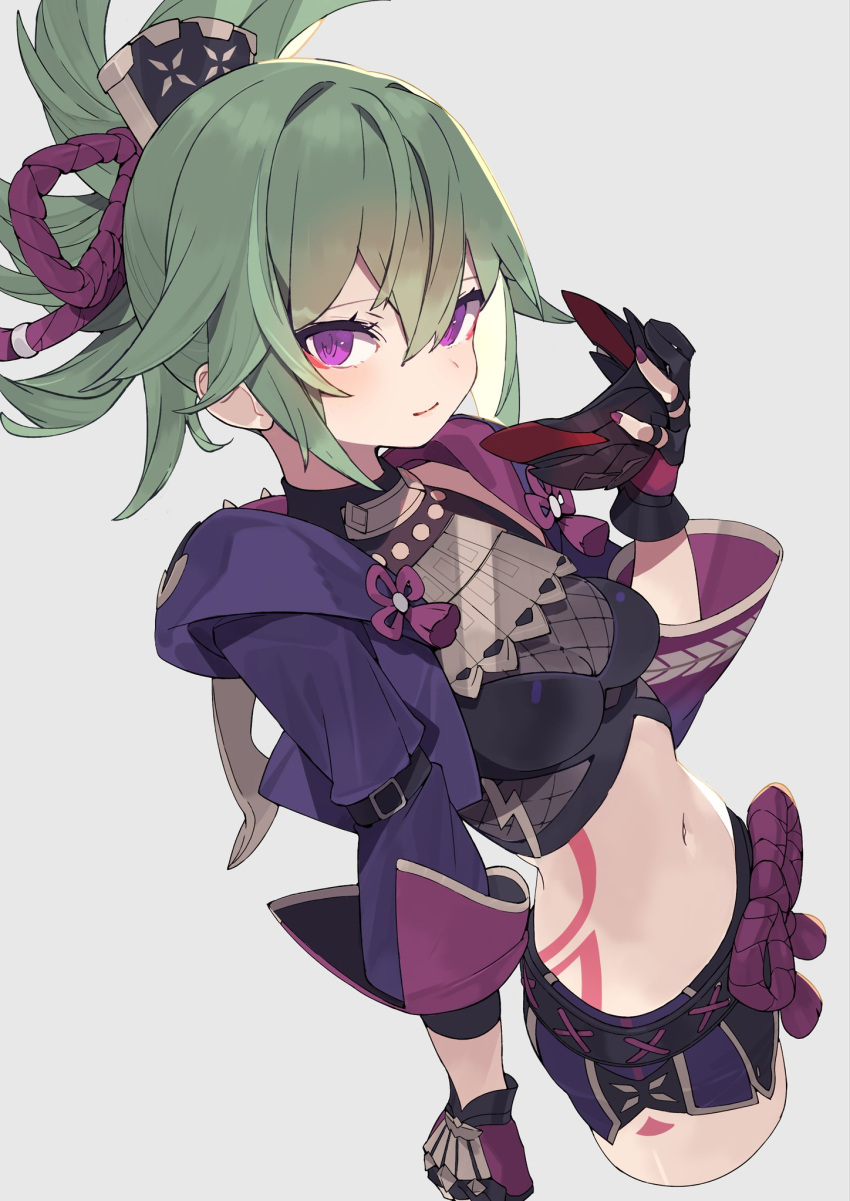 1girl bangs black_gloves black_mask black_shorts bow breasts cleavage commentary crop_top fishnet_top fishnets genshin_impact gloves green_hair grey_background hair_between_eyes hair_bow hair_ornament hair_ribbon hajime_(hajime-ill-1st) highres jacket kuki_shinobu long_sleeves looking_at_viewer mask mask_removed medium_hair midriff mouth_mask navel ninja_mask ponytail purple_eyes purple_jacket ribbon short_shorts shorts sidelocks simple_background small_breasts smile solo standing upper_body