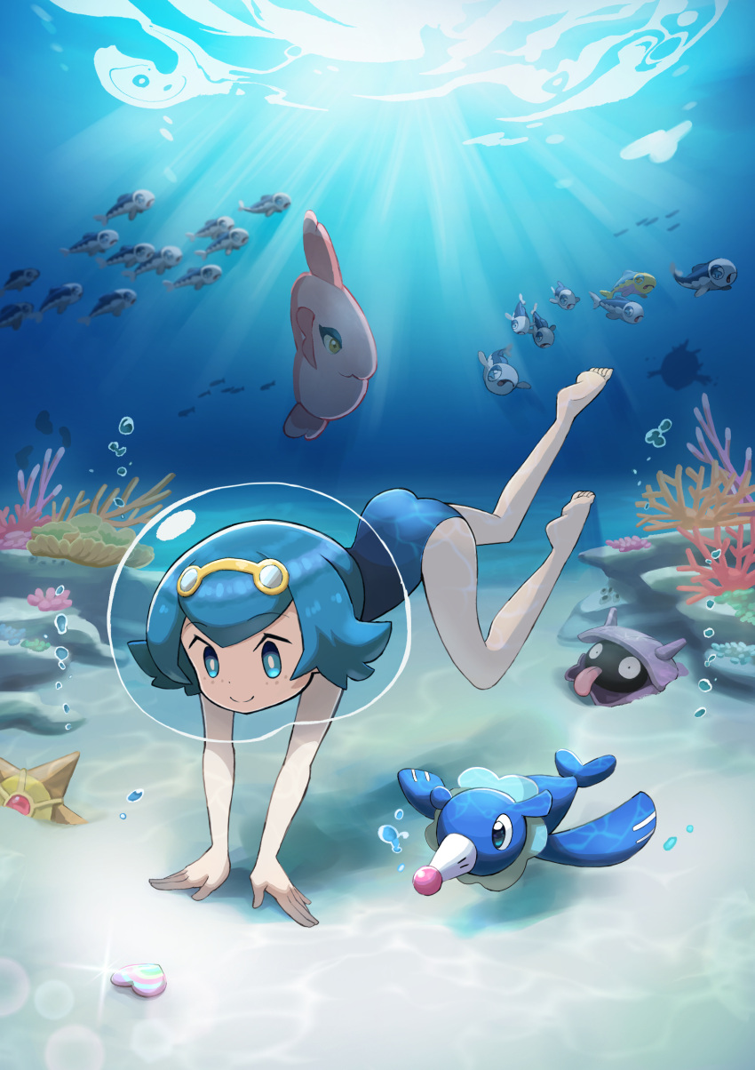 1girl air_bubble alomomola barefoot blue_eyes blue_hair bright_pupils bubble closed_mouth commentary_request coral eko000ohce freckles goggles goggles_on_head highres lana_(pokemon) light_rays looking_down no_sclera one-piece_swimsuit pokemon pokemon_(anime) pokemon_(creature) pokemon_sm_(anime) popplio shellder short_hair smile staryu swimsuit toes underwater white_pupils wishiwashi wishiwashi_(solo)