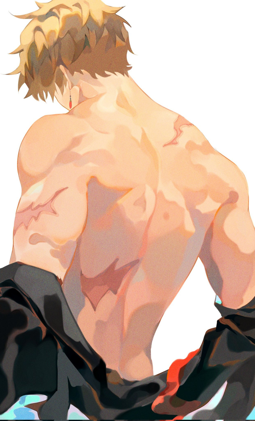 1boy aerinon back_focus black_jacket brown_hair earrings english_commentary from_behind genshin_impact highres jacket jewelry male_focus nape scar scar_on_arm scar_on_back short_hair simple_background solo tartaglia_(genshin_impact) toned toned_male topless_male undressing upper_body white_background