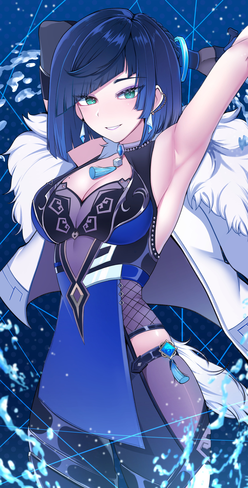 1girl absurdres armpits arms_up bangs blue_background blue_hair blunt_bangs bob_cut breasts brooch cleavage cleavage_cutout clothing_cutout cowboy_shot dice earrings elbow_gloves fur-trimmed_jacket fur_trim genshin_impact gloves green_eyes grin highres jacket jewelry large_breasts looking_at_viewer min_ha short_hair single_glove sleeveless smile solo standing white_jacket yelan_(genshin_impact)