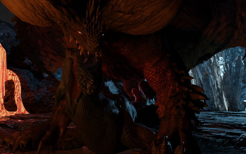 big_dom_small_sub blender_(software) blender_cycles capcom claws crystal detailed_background dominant dragon duo elder_dragon feral flying_wyvern genitals hi_res integlol kissing larger_male lava male male/male monster_hunter nargacuga nergigante paws penis pinned pinned_to_ground rendered scales size_difference smaller_male teeth tongue video_games wyvern