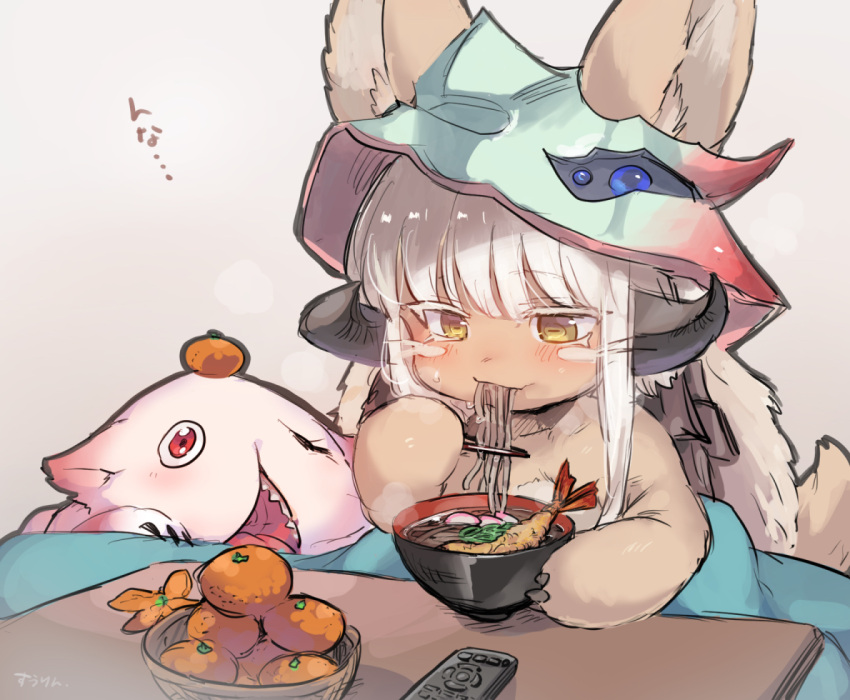 1other androgynous animal_ears artist_name bangs blunt_bangs bowl chopsticks colored_eyelashes controller eating fake_horns food food_in_mouth fruit furry grey_background helmet holding holding_chopsticks horizontal_pupils horned_helmet horns indoors kotatsu made_in_abyss mitty_(made_in_abyss) nanachi_(made_in_abyss) noodles persimmon rabbit_ears ramen red_eyes remote_control short_hair_with_long_locks sidelocks signature sitting sketch suurin_(ksyaro) table upper_body whiskers white_hair yellow_eyes