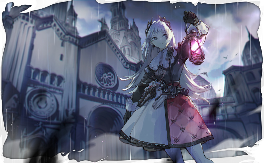 1girl ammunition_belt arknights arm_up backlighting black_gloves black_jacket building capelet church cloud cloudy_sky earrings feet_out_of_frame gloves grey_eyes grey_hair gun head_wings high-waist_skirt highres holding holding_lantern irene_(arknights) jacket jewelry koli_(ssssoliko) lantern long_sleeves looking_away looking_to_the_side outdoors pantyhose parted_lips print_skirt purple_skirt rain scar scar_across_eye scar_on_face skirt sky solo standing town weapon white_capelet white_pantyhose white_skirt