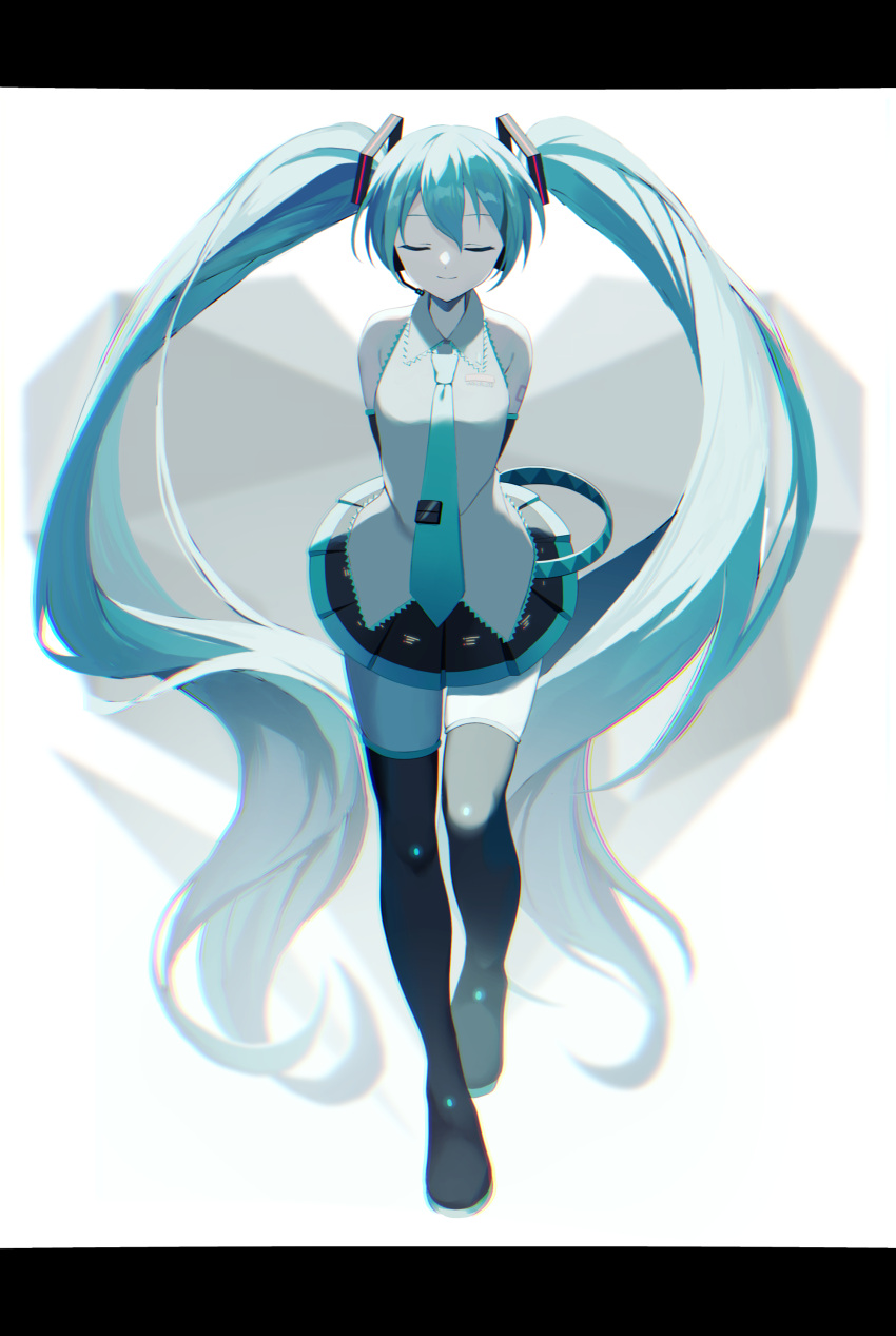 1girl absurdly_long_hair absurdres aqua_hair aqua_necktie arm_tattoo arms_behind_back bangs bare_shoulders black_footwear black_skirt black_sleeves boots closed_eyes closed_mouth collared_shirt commentary_request detached_sleeves eyebrows_hidden_by_hair facing_viewer full_body hair_between_eyes hatsune_miku headset heart heart_background highres lace-trimmed_shirt lace_trim letterboxed long_hair necktie niwa_(niwaniwa_1227) number_tattoo pleated_skirt shirt sidelocks skirt sleeveless sleeveless_shirt smile solo tattoo thigh_boots twintails very_long_hair vocaloid walking white_background white_shirt zettai_ryouiki