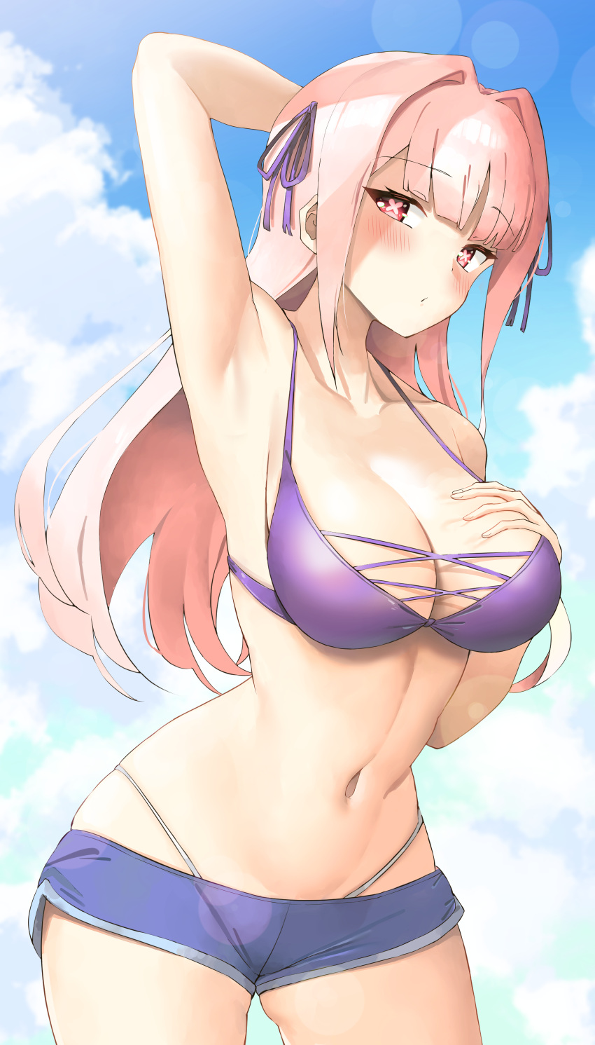 1girl absurdres arm_behind_head arm_up armpits bare_arms bare_shoulders bikini blue_shorts breasts cleavage collarbone commission cowboy_shot grabbing_own_breast hair_intakes hair_ribbon halter_top halterneck hand_on_own_chest highleg highleg_bikini highres king's_raid large_breasts long_hair looking_at_viewer micro_shorts navel pansirone pink_hair purple_bikini red_eyes ribbon second-party_source shorts skindentation solo standing stomach string_bikini sunlight swimsuit symbol-shaped_pupils twin_(tt_lsh)