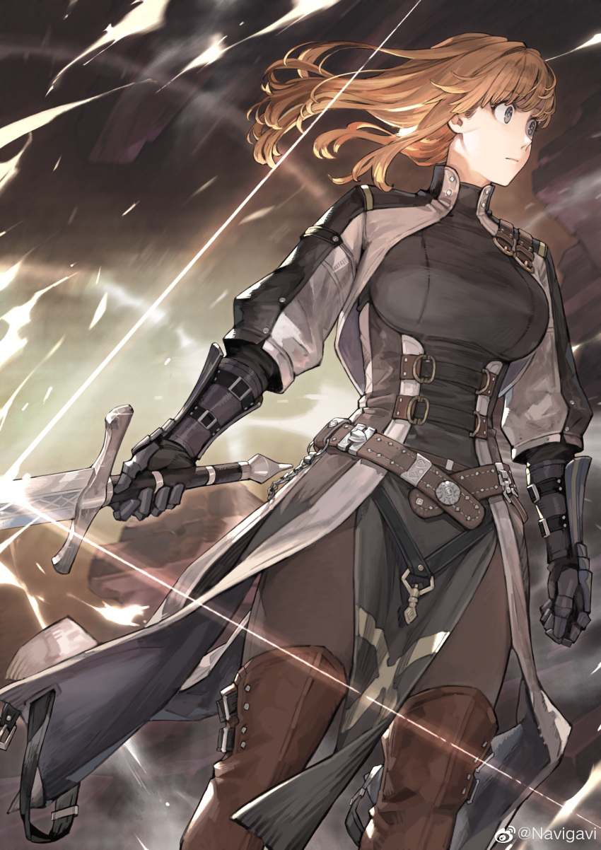 1girl absurdres belt boots breasts brown_hair commentary_request cowboy_shot gauntlets gloves highres holding holding_sword holding_weapon jacket jun_(seojh1029) long_sword longsword_(seojh1029) medium_hair original shiny solo sword thigh_boots thighhighs weapon weibo_logo weibo_username