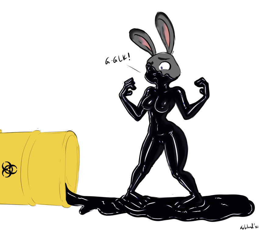 2021 anthro barrel biohazard_symbol bound breasts disney encasement eyebrows female g-lahndi glistening hi_res judy_hopps lagomorph latex leporid living_latex long_ears mammal nipples nude open_mouth rabbit solo spill symbol trapped zootopia