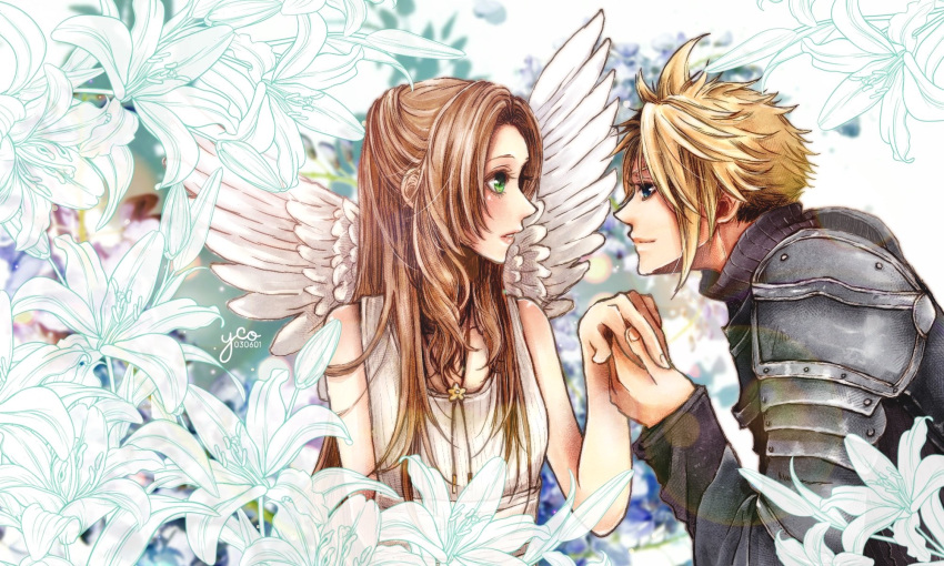 1boy 1girl aerith_gainsborough alternate_costume armor bangs bare_arms blonde_hair blue_eyes breasts brown_hair choker cloud_strife couple derivative_work dress final_fantasy final_fantasy_vii final_fantasy_vii_remake floral_background flower flower_choker green_eyes highres holding_hands jewelry long_hair long_sleeves looking_at_another medium_breasts mini_wings necklace parted_bangs parted_lips romeo_and_juliet short_hair shoulder_armor sleeveless sleeveless_dress smile spiked_hair sundress wavy_hair white_dress white_flower white_wings wings yco_030601