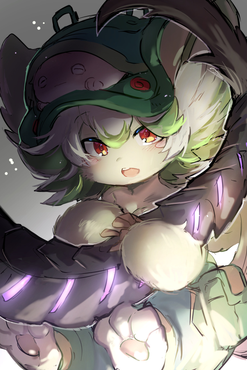1boy 1girl :o bangs barefoot bondrewd claws furrification furry furry_female glowing green_hair green_headwear green_pants grey_background highres holding_another's_tail holding_tail looking_at_viewer made_in_abyss meinya_(made_in_abyss) multicolored_hair on_head open_mouth out_of_frame pants pouch prushka red_eyes short_hair solo_focus streaked_hair suurin_(ksyaro) tail two-tone_hair white_hair