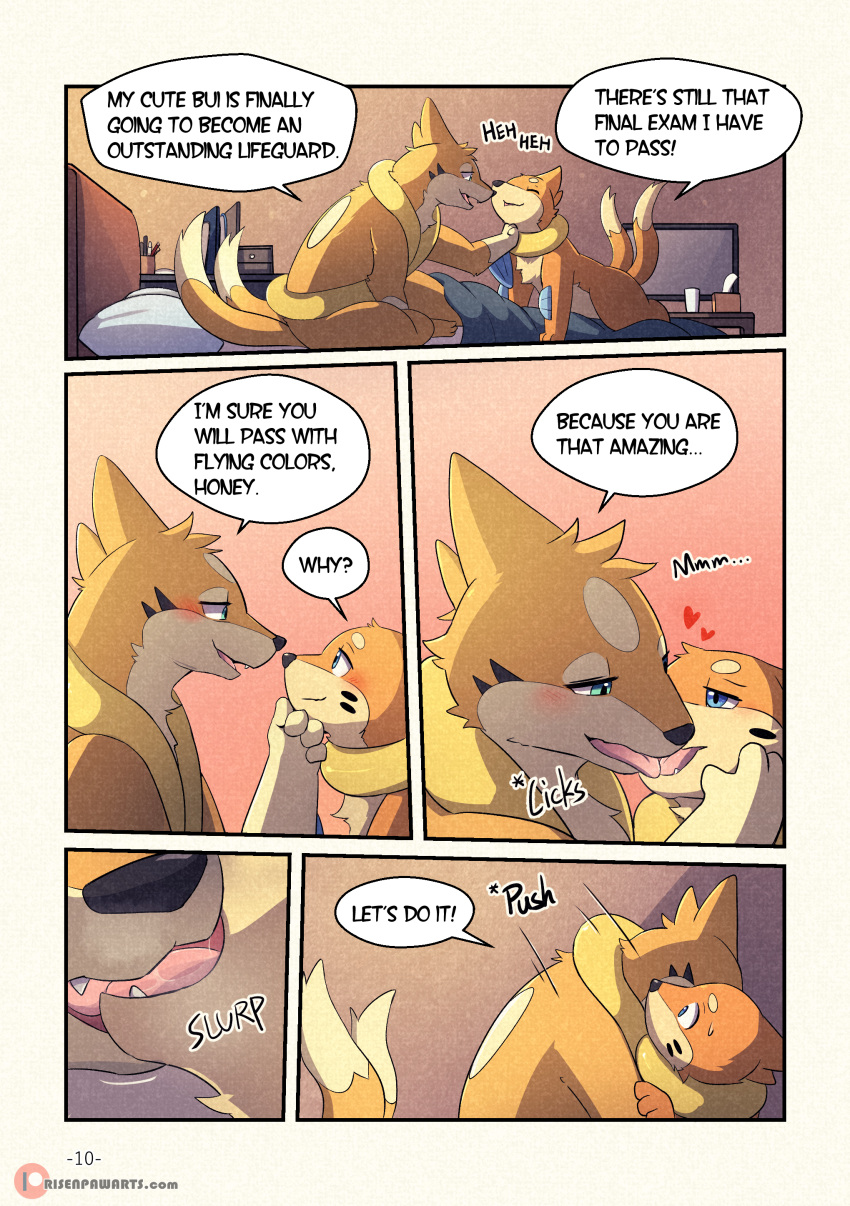 absurd_res blue_eyes blush buizel clothing comic duo english_text fin floatzel fluffy french_kissing hi_res kissing lester_(risenpaw) male male/male ness_(risenpaw) nintendo orange_body pinned pok&eacute;mon pok&eacute;mon_(species) risenpaw romantic romantic_couple smile text tickling tongue video_games