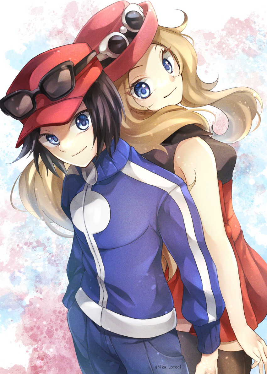 1boy 1girl back-to-back black-framed_eyewear black_hair blue_eyes blue_jacket breasts calem_(pokemon) collared_shirt eyewear_on_headwear high-waist_skirt highres jacket looking_at_viewer pleated_skirt pokemon pokemon_(game) pokemon_xy serena_(pokemon) shirt skirt sleeveless sleeveless_shirt smile standing sunglasses thighhighs white-framed_eyewear yomogi_(black-elf)