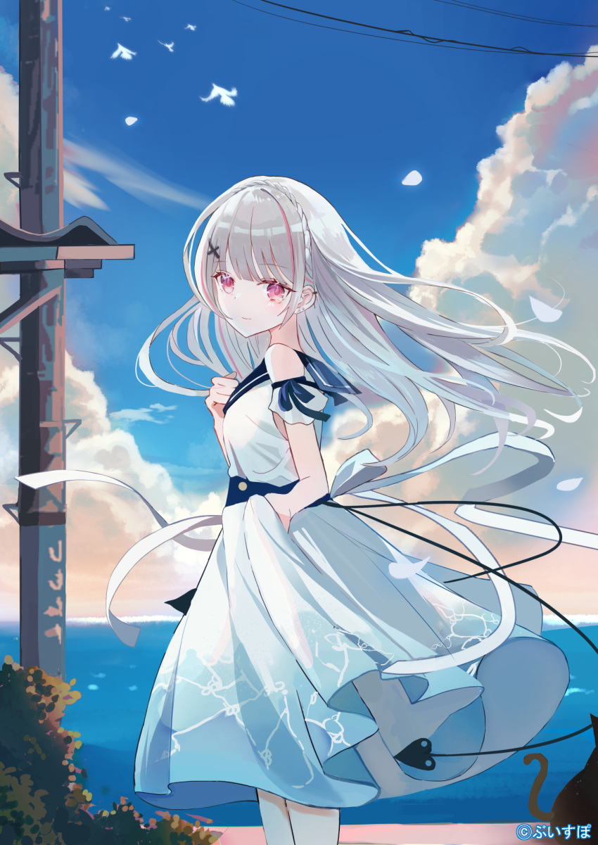 1girl asumi_sena bare_shoulders blue_dress blue_sailor_collar blue_sky braid closed_mouth cloud commentary_request crown_braid day detached_sleeves dress from_side grey_hair highres horizon iren_lovel long_hair looking_at_viewer looking_to_the_side multicolored_hair ocean official_art outdoors pink_hair pleated_dress power_lines puffy_short_sleeves puffy_sleeves red_eyes sailor_collar sailor_dress short_sleeves sky sleeveless sleeveless_dress smile solo streaked_hair utility_pole very_long_hair vspo! water white_dress white_sleeves