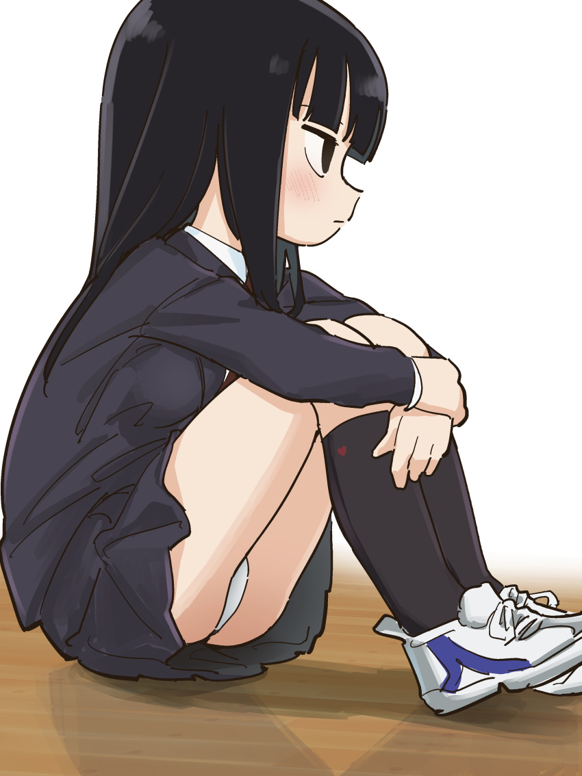 1girl absurdres accidental_exposure bangs bernard-jou_iwaku. black_eyes black_hair black_jacket black_skirt black_socks blazer blunt_bangs eisu_(eith) empty_eyes highres hugging_own_legs jacket kanbayashi_shiori kneehighs knees_up legs long_hair looking_away on_floor own_hands_together panties pantyshot school_uniform shirt shoes sitting skirt socks solo thighs underwear upskirt white_footwear white_panties white_shirt wooden_floor