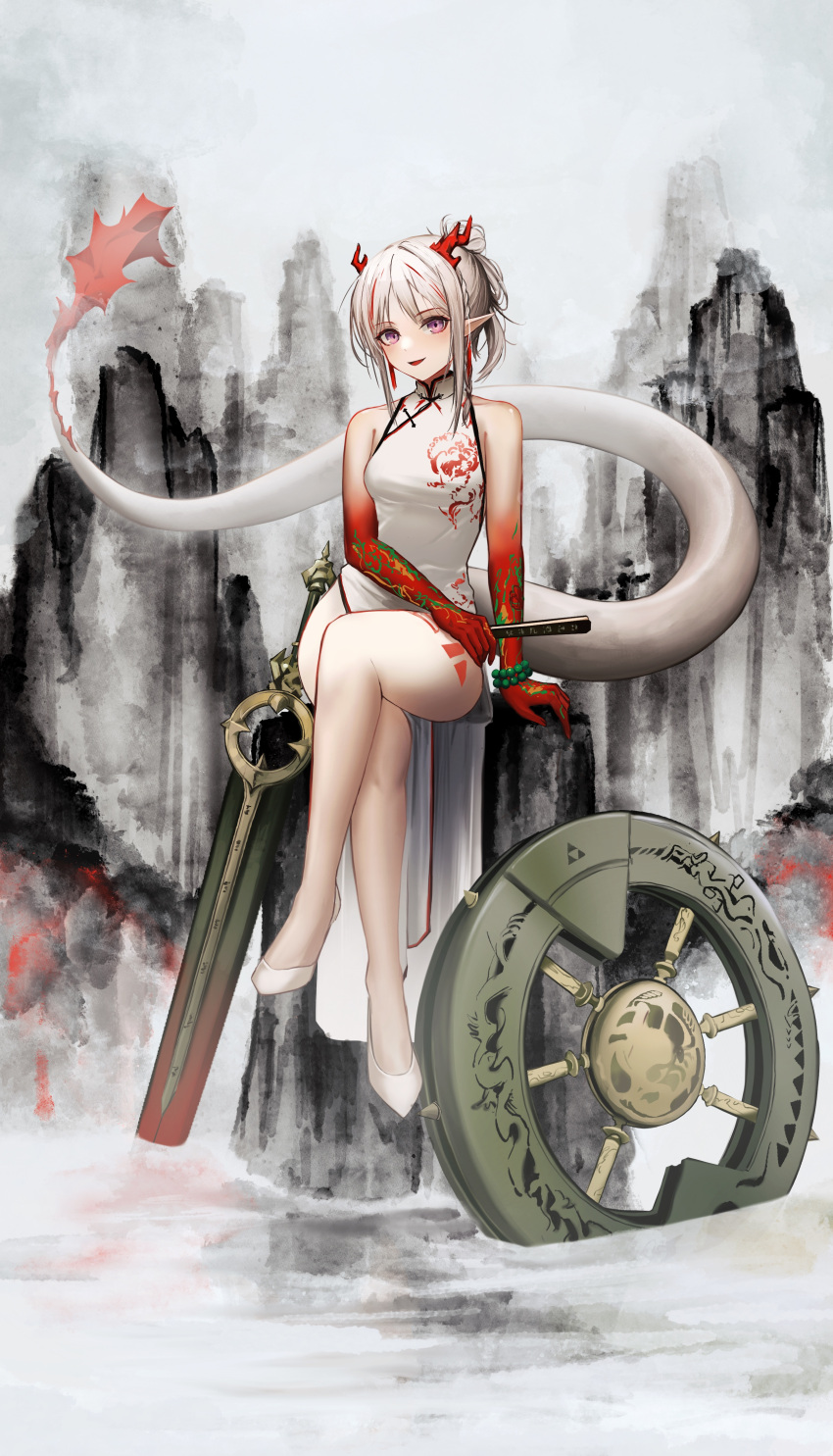 1girl :d absurdres arknights bangs bare_legs bare_shoulders bead_bracelet beads bracelet china_dress chinese_clothes colored_skin crossed_legs dragon_girl dragon_horns dragon_tail dress earrings fiery_tail folded_fan folding_fan full_body gradient_skin grey_hair hand_fan highres holding holding_fan horns jewelry leg_tattoo looking_at_viewer mihaia mountain multicolored_hair nian_(arknights) nian_(unfettered_freedom)_(arknights) official_alternate_costume open_mouth outdoors pelvic_curtain pointy_ears purple_eyes red_hair red_skin shield short_hair short_ponytail sidelocks sitting smile solo streaked_hair sword tail tassel tassel_earrings tattoo two-tone_hair weapon white_dress white_footwear