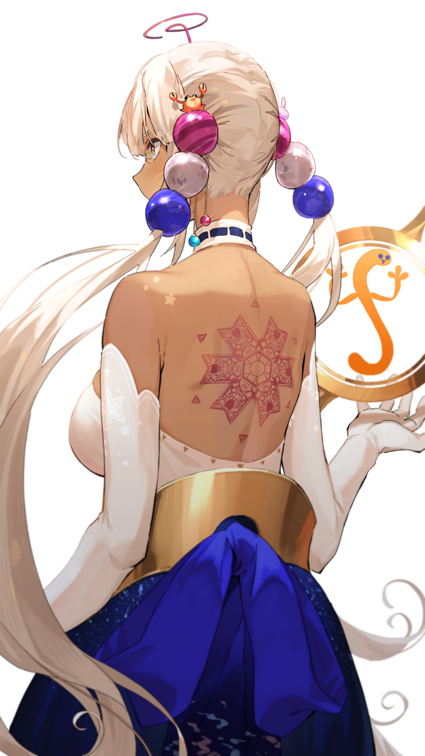 1girl absurdres back back_focus back_tattoo backless_outfit blonde_hair choker crab dark-skinned_female dark_skin elbow_gloves gloves hair_ornament highres hololive hololive_english jewelry limiter_(tsukumo_sana) long_hair low_twintails planet_hair_ornament simple_background solo tattoo tsukino_(nakajimaseiki) tsukumo_sana twintails very_long_hair virtual_youtuber white_background yatagarasu_(tsukumo_sana) yellow_eyes