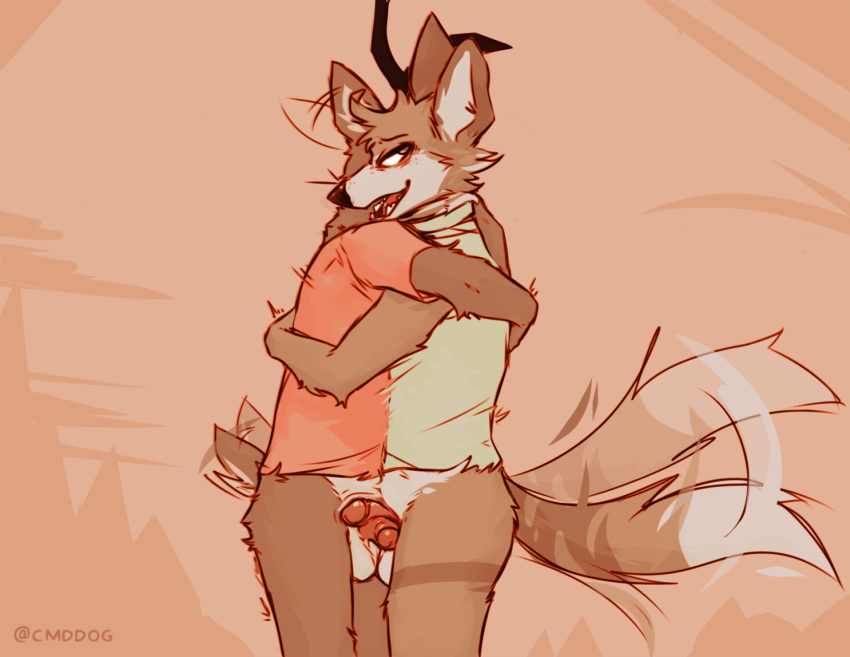 anthro athletic balls balls_touching big_ears black_antlers black_nose bottomless brown_body brown_ears brown_fur canid canine canine_teeth canis cantio_(lawyerdog) cervid clothed clothing coyote dipstick_tail duo embrace facing_each_other fluffy fluffy_tail frottage fur genitals green_clothing green_shirt green_topwear half-erect hand_on_back holding_each_other hug lawyerdog looking_aside male male/male mammal markings motion_lines multicolored_body multicolored_fur neck_tuft open_mouth panko_(lawyerdog) penis penis_on_penis penises_touching red_clothing red_shirt red_topwear sex shirt shirt_only short_tail simple_background slim standing tail_markings tail_motion tailwag teeth_showing topwear topwear_only tuft two_tone_body two_tone_fur white_balls white_body white_fur white_inner_ear white_muzzle