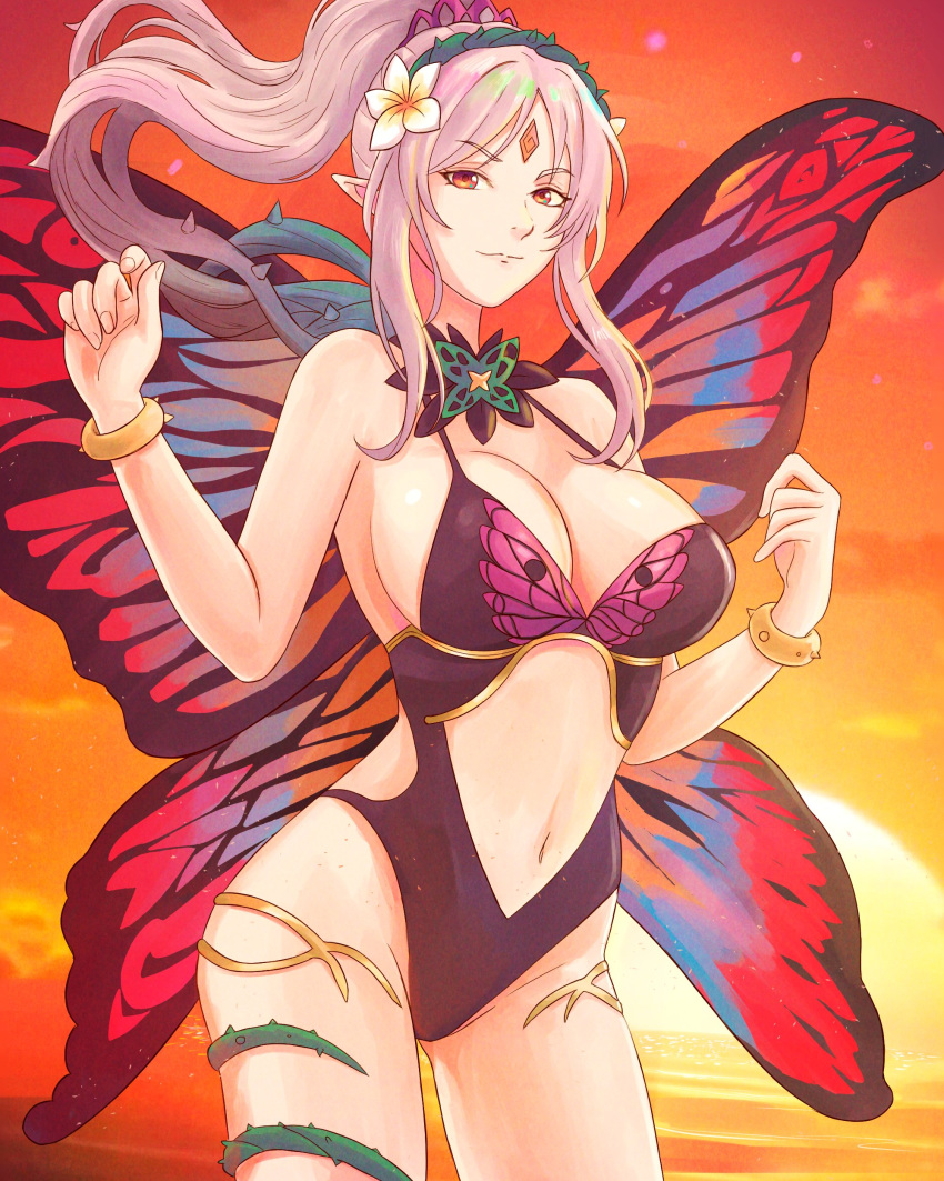 1girl absurdres animal_print bare_shoulders black_swimsuit bracelet breasts brown_eyes butterfly_print butterfly_wings cleavage cowboy_shot facial_mark fairy_wings fire_emblem fire_emblem_heroes forehead_mark grey_hair highres jewelry large_breasts leotard navel official_alternate_costume one-piece_swimsuit plant plumeria_(fire_emblem) ponytail smile solo sunset swimsuit thorns truejekart twilight vines wings