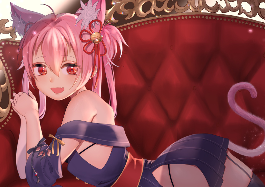 absurdres animal_ear_fluff animal_ears azur_lane bell bikini cat_ears cat_tail couch dress fang flower_knot garter_straps hair_bell hair_ornament hair_rings hatsushimo_(azur_lane) highres inamics looking_at_viewer lying on_stomach open_mouth own_hands_together panties pink_hair pleated_dress red_eyes ribbon sash skirt smile string_bikini string_panties swimsuit tail thighhighs underwear