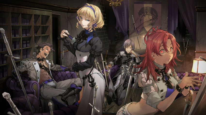 2boys 2girls absurdres ass balthus_von_albrecht belt black_hair blonde_hair blue_eyes blue_hairband book bookshelf butt_crack colored_inner_hair constance_von_nuvelle couch crop_top dark-skinned_female dark_skin dress fire_emblem fire_emblem:_three_houses garreg_mach_monastery_uniform grin hairband hapi_(fire_emblem) highres indoors kento_matsuura long_hair long_sleeves looking_at_viewer medium_hair multicolored_hair multiple_boys multiple_girls on_couch open_clothes open_mouth planted planted_sword purple_eyes purple_hair red_eyes red_hair short_sleeves sitting skirt smile sword weapon yuri_leclerc