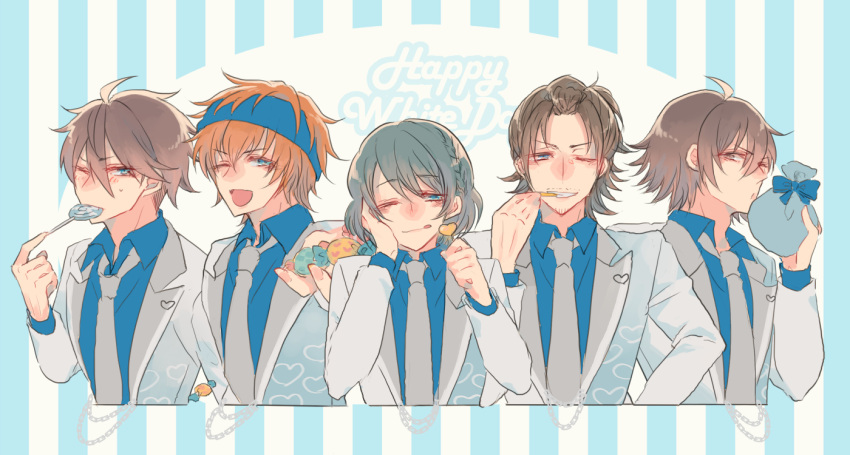 5boys ;d ahoge akuno_hideo amagase_touma black_hair blowing_kiss blue_eyes blush braid brown_eyes brown_hair candy facial_hair food formal goatee headband heart idolmaster idolmaster_side-m jacket lollipop looking_at_viewer male_focus miyoshino_(no_464) multiple_boys mustache necktie one_eye_closed open_mouth orange_hair otoko_no_ko shirt short_hair smile suit sweatband uzuki_makio wakazato_haruna white_day white_suit yamashita_jiro