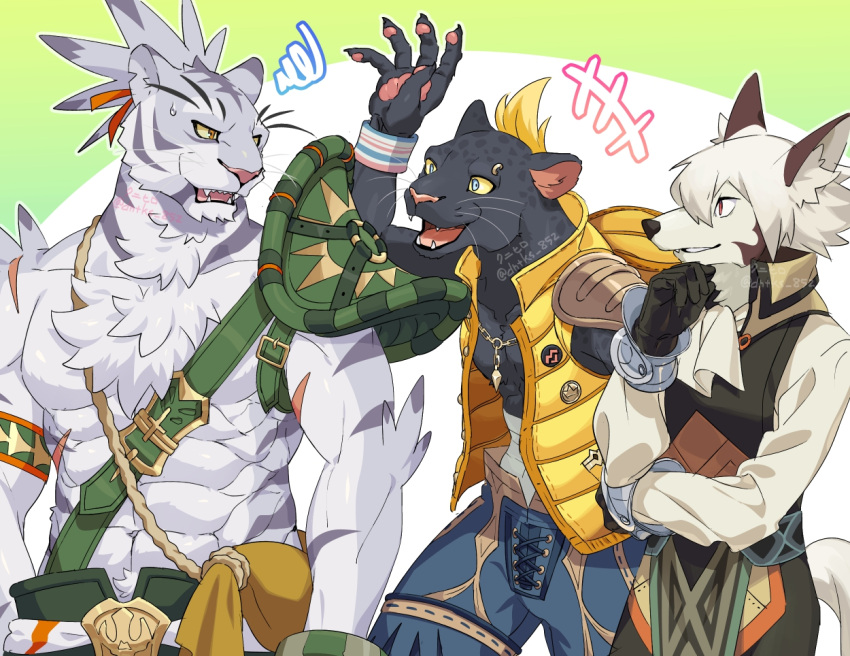 +++ 3boys abs albert_(world_flipper) animal_ears animal_hands animal_nose arm_up armor artist_name bandages belt biceps black_fur black_gloves black_pants black_vest blonde_hair blue_eyes blue_pants body_fur bracer brown_fur claw_(world_flipper) claws collarbone colored_sclera commentary_request cowboy_shot eye_contact eyebrow_piercing fangs furry furry_male gloves green_pants grey_fur grey_hair hand_on_own_chin happy high_collar hood hood_down hooded_vest hoodie knhrpnkt leopard_boy leopard_ears long_sleeves looking_at_another male_focus multicolored_hair multiple_boys muscular muscular_male nimbus_(world_flipper) no_shirt notched_ear open_clothes open_mouth open_vest orange_eyes outline pants pawpads pectorals piercing pouch red_eyes scar scar_on_arm sharp_teeth shirt short_hair shoulder_armor signature simple_background smile snout squiggle standing stroking_own_chin tail teeth tiger_boy tiger_ears tongue topknot twitter_username two-tone_background two-tone_fur two-tone_hair upper_body vest whiskers white_background white_fur white_outline white_shirt wolf_boy wolf_ears wolf_tail world_flipper wristband yellow_sclera yellow_vest