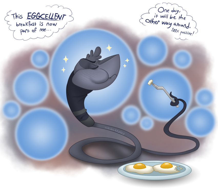 anthro anthrofied breakfast cell_(organism) circles confidence confident cutlery dark_body dark_skin eating_eggs egg english_text eyes_closed food fork grey_body head_tuft humor joke kitchen_utensils male micro_organism_(organism) original_characters plate protein signature simple_background solo sparkles sperm_cell sperm_cell_with_face sperm_creature sukala-ap tail_grab text thought_bubble tools toony tuft