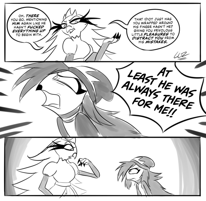 angry angry_eyes anthro avian bird black_text duo elceerod_tic eye_contact female glaring hair helluva_boss hi_res long_hair looking_at_another octavia_(helluva_boss) owl owl_demon speech_bubble standing stella_(helluva_boss) text yelling