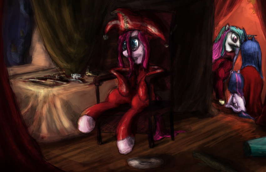 chair clothed clothed_feral clothing detailed_background doorway drapes earth_pony equid equine female feral fool's_hat friendship_is_magic furniture group hair_between_eyes hat headgear headwear hi_res horn horse inside inspired_by_formal_art jester mammal my_little_pony on_chair pinkie_pie_(mlp) plotcore pony princess_celestia_(mlp) princess_luna_(mlp) red_clothing sitting solo_focus table twilight_sparkle_(mlp) winged_unicorn wings