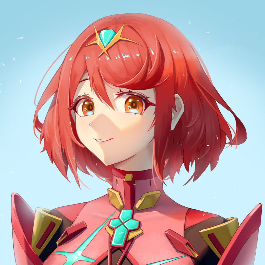 1girl absurdres auxar bangs blue_background bodysuit eyebrows_hidden_by_hair hair_behind_ear highres looking_at_viewer orange_eyes parted_lips portrait pyra_(xenoblade) red_bodysuit red_hair short_hair smile solo xenoblade_chronicles_(series) xenoblade_chronicles_2