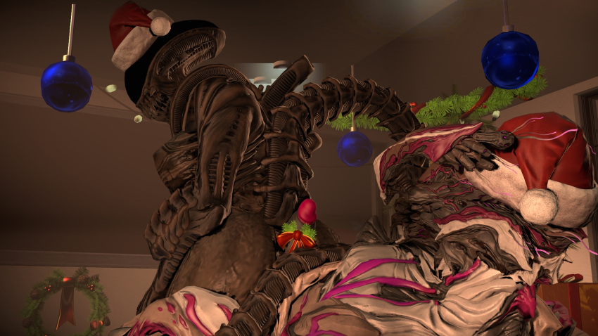 3d_(artwork) alien alien_(franchise) big_butt black_body breasts butt christmas christmas_clothing christmas_headwear clothing crossover detailed_background digital_media_(artwork) duo erection excella eyeless fan_character fangs female genitals grey_body hat headgear headwear hi_res holidays hot_dogging humanoid interspecies male male/female multicolored_body nidus_(warframe) nipples on_bottom on_top open_mouth penis reverse_cowgirl_position santa_hat sex thekidxeno thick_thighs white_body wide_hips xenomorph