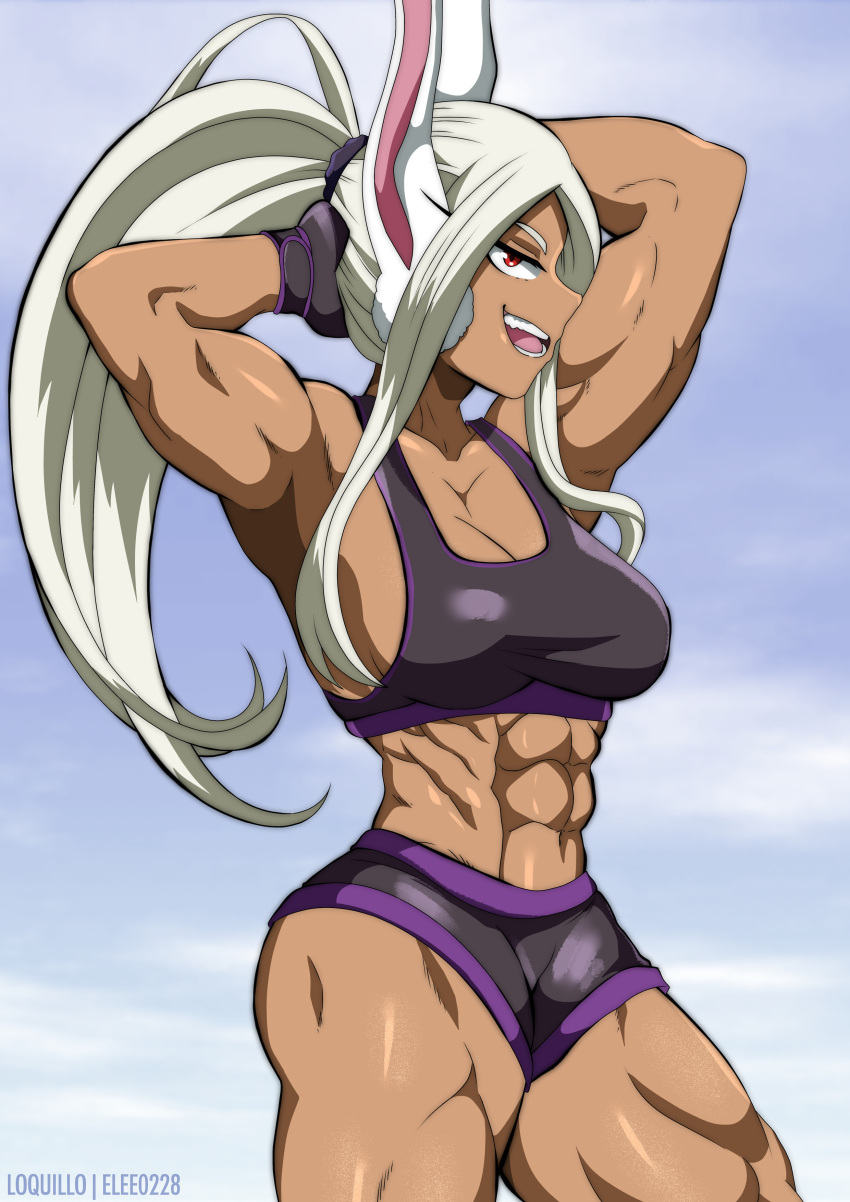 2022 abs absurd_res animal_humanoid bra breasts clothing female gloves hair handwear hi_res humanoid lagomorph lagomorph_humanoid leporid_humanoid loquillo66 mammal mammal_humanoid miruko muscular muscular_female my_hero_academia ponytail quads rabbit_humanoid red_eyes solo sports_bra tan_body tan_skin underwear white_hair