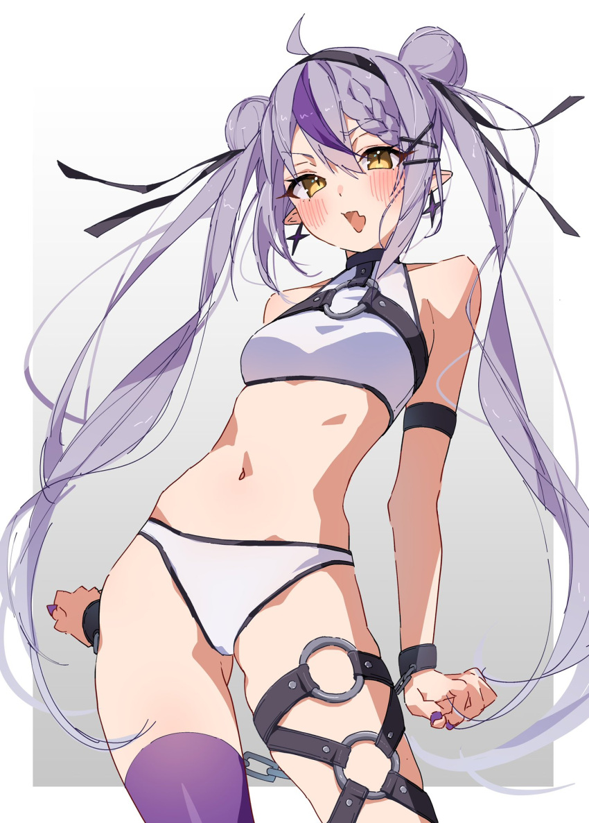 1girl ahoge bangs bare_shoulders blush breasts cowboy_shot crop_top cuffs double_bun fang hair_bun hair_ornament hairband highres hololive la+_darknesss long_hair looking_at_viewer misekiss multicolored_hair navel open_mouth panties pointy_ears purple_hair purple_thighhighs shackles single_thighhigh skin_fang small_breasts solo streaked_hair thigh_strap thighhighs twintails underwear virtual_youtuber white_panties x_hair_ornament yellow_eyes