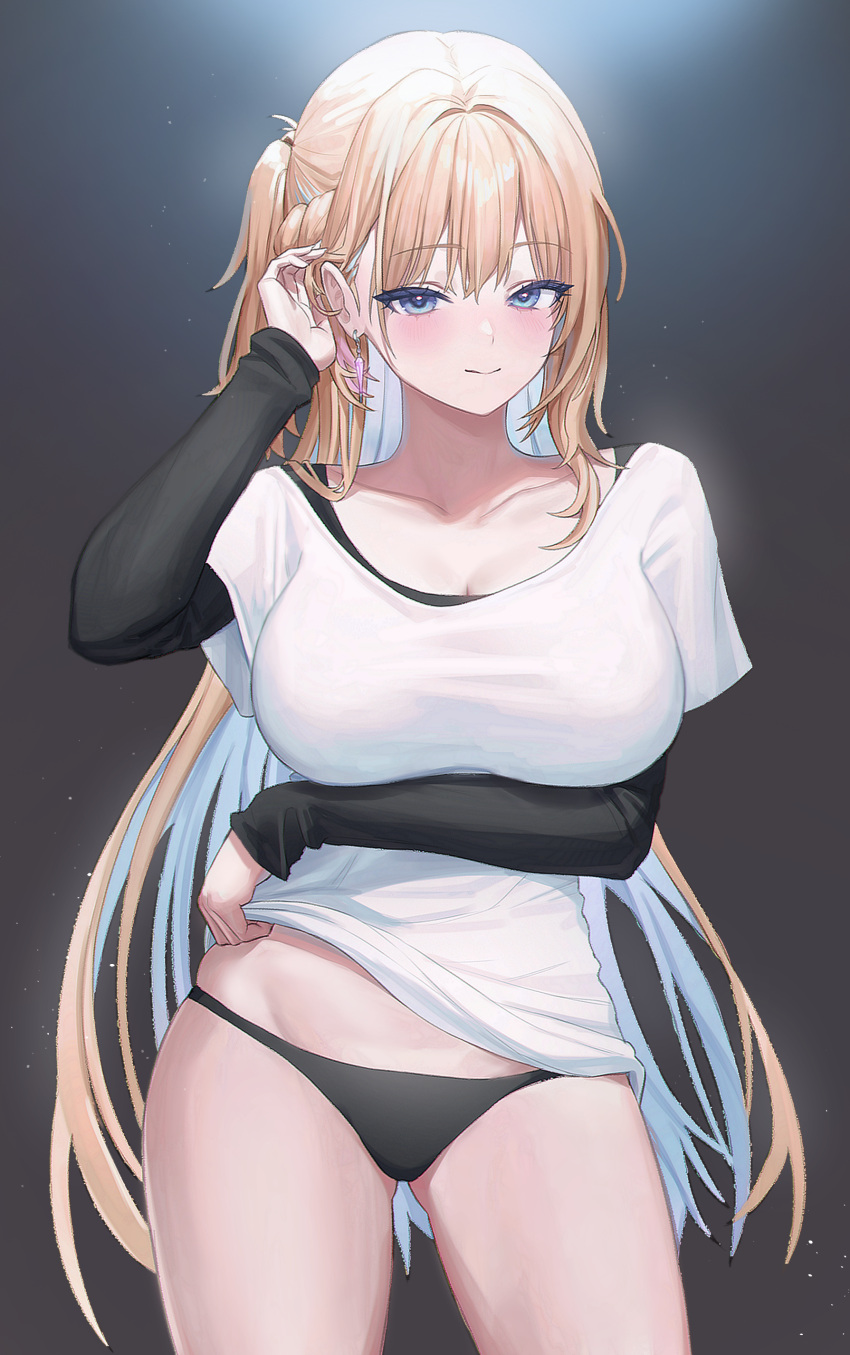 1girl absurdres arm_under_breasts ass_visible_through_thighs bangs black_panties black_shirt blonde_hair blue_eyes blush breast_hold breasts bright_pupils cleavage closed_mouth clothes_lift collarbone colored_inner_hair commission cowboy_shot earrings gradient gradient_background groin hair_tucking hand_up highres jewelry large_breasts lifted_by_self long_hair long_sleeves looking_at_viewer multicolored_hair no_pants one_side_up original p00nipooni panties second-party_source shirt shirt_lift side_ponytail skindentation sleeves_past_wrists smile solo sonya_(schan) standing two-tone_hair undershirt underwear very_long_hair white_shirt