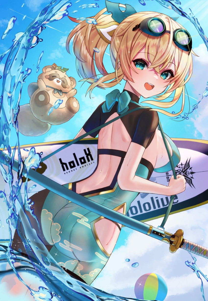 1girl ass ball bangs beachball blonde_hair blue_eyes blush bow bowtie breasts chest_sarashi goggles goggles_on_head hair_ornament highres hololive inari_(ambercrown) kazama_iroha large_breasts looking_at_viewer one-piece_swimsuit pokobee ponytail sarashi solo swimsuit virtual_youtuber wading weapon wet