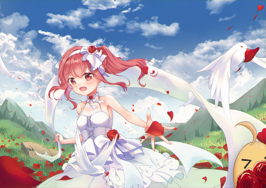 1girl :d absurdres azur_lane bangs bird blue_sky breasts bridal_veil chick chou_(1092086648) cleavage cloud cloudy_sky collarbone commentary_request dove dress falling_petals field flower flower_field frilled_dress frills hair_between_eyes hairband highres long_hair looking_at_viewer manjuu_(azur_lane) official_alternate_costume petals reaching_out red_eyes red_flower red_hair red_rose rose saratoga_(azur_lane) saratoga_(ring_the_bell_of_joy)_(azur_lane) sidelocks sky sleeveless smile spaghetti_strap twintails veil wedding_dress white_dress