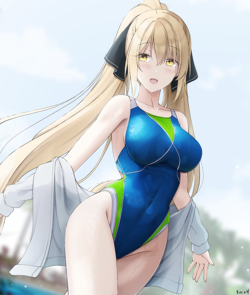 1girl bangs black_ribbon blonde_hair blue_swimsuit blush borrowed_character breasts brown_eyes collarbone commission competition_swimsuit covered_navel hair_between_eyes hair_ornament hair_ribbon high_ponytail highleg highleg_swimsuit highres jacket keenh large_breasts long_hair looking_at_viewer multicolored_clothes multicolored_swimsuit one-piece_swimsuit open_mouth original ponytail ribbon satou_mayumi_(rc_f) sideboob smile solo swimsuit wet white_jacket