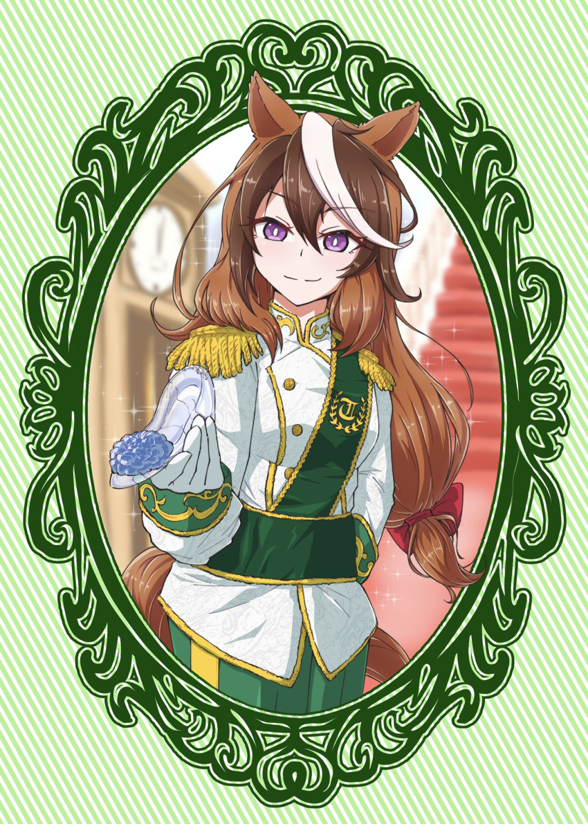 1girl animal_ears bangs breasts brown_hair buttons cinderella closed_mouth desuchi double-breasted epaulettes glass_slipper gloves green_pants hand_on_hip highres horse_ears horse_girl horse_tail jacket long_hair long_sleeves medium_breasts multicolored_hair pants purple_eyes smile solo sparkle standing symboli_rudolf_(umamusume) tail umamusume upper_body white_gloves white_jacket