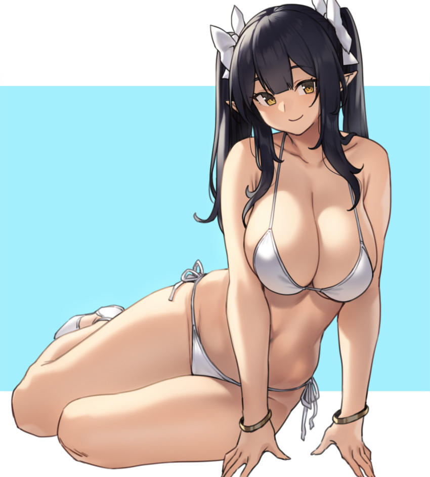 big_breasts bikini black_hair breasts cleavage clothed clothing elf hair hi_res houtengeki humanoid humanoid_pointy_ears not_furry side-tie_bikini smile swimwear