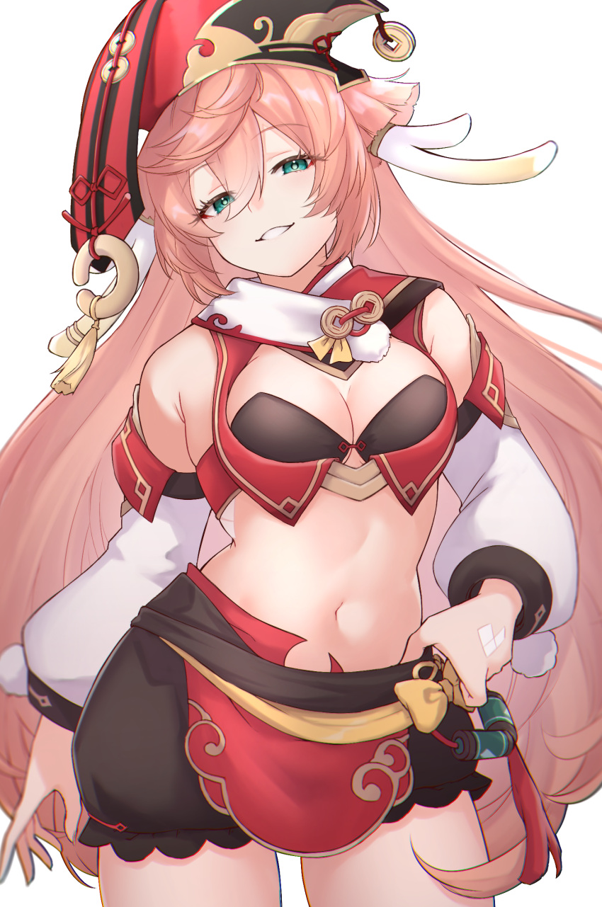 1girl bangs bare_shoulders black_bra black_shorts bow bra breasts cleavage commentary cowboy_shot crop_top detached_sleeves genshin_impact green_eyes grin hair_between_eyes half-closed_eyes highres kirima_(user_danf8787) long_hair long_sleeves looking_at_viewer midriff navel pink_hair pom_pom_(clothes) red_headwear revealing_clothes short_shorts shorts small_breasts smile thighs underwear white_background yanfei_(genshin_impact) yellow_bow