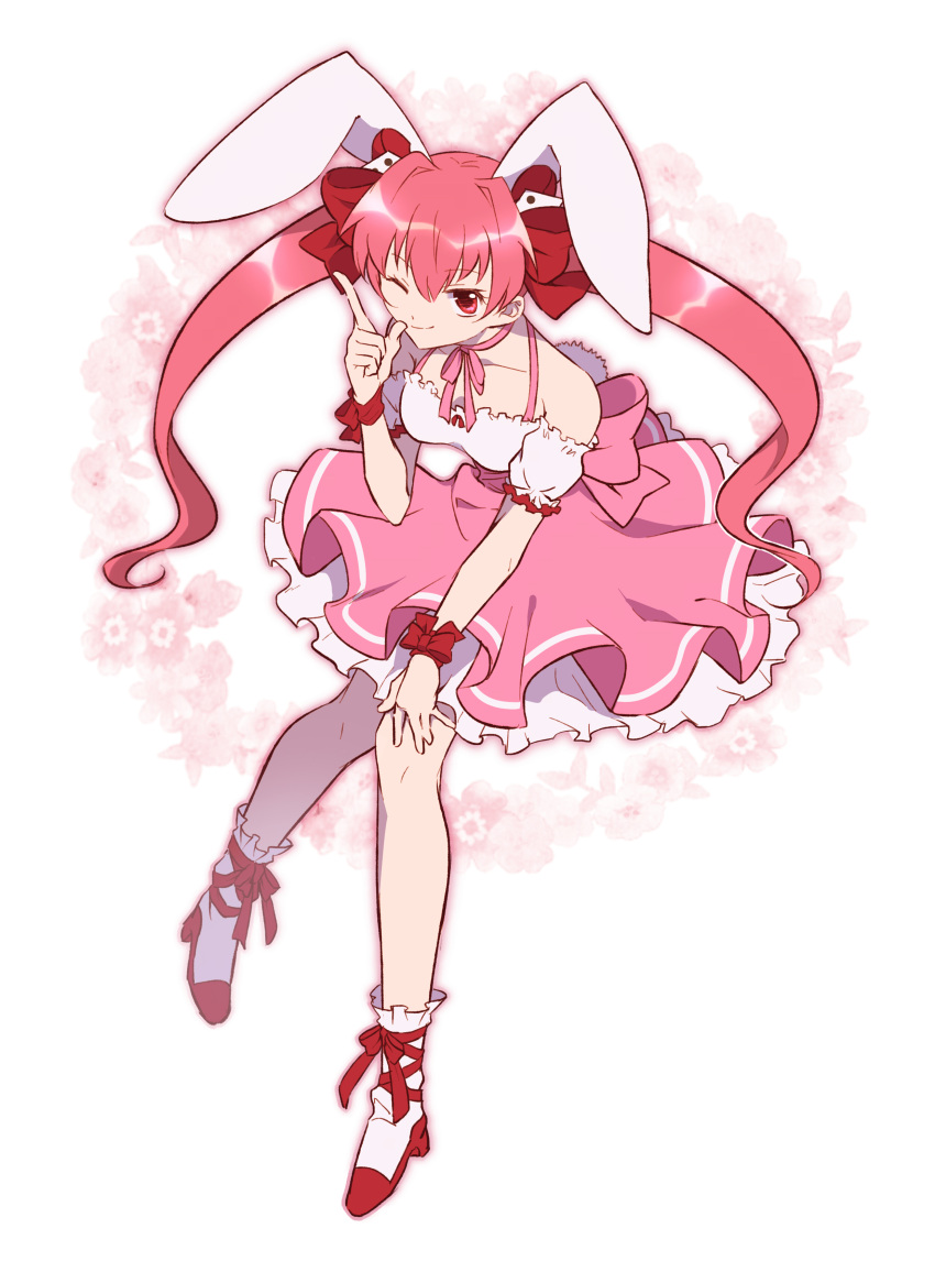 1girl absurdres animal_ears bow commentary_request di_gi_charat dice_hair_ornament dress frilled_dress frilled_footwear frills full_body hair_bow hair_ornament hakoniwa_(5ma_suke) high_heels highres neck_ribbon one_eye_closed pink_eyes pink_hair rabbit_ears rabbit_girl rabbit_tail ribbon tail twintails usada_hikaru