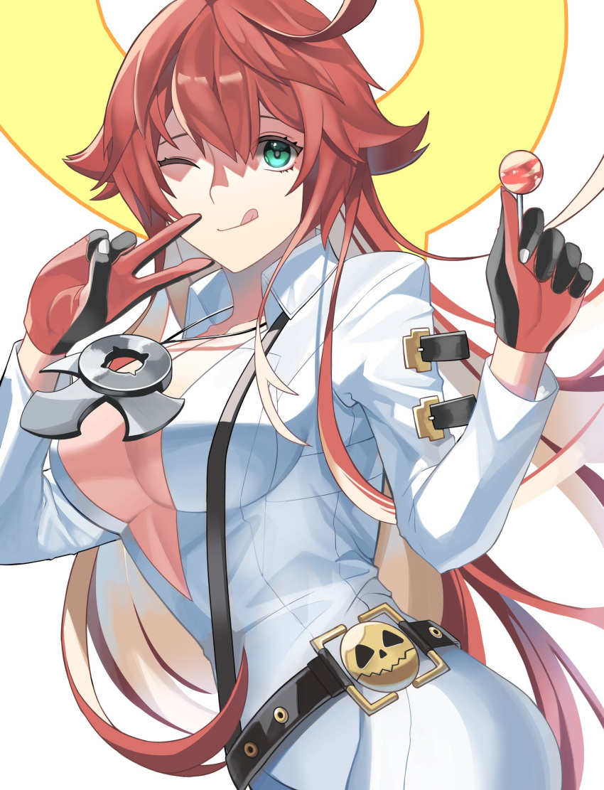 1girl ankh ankh_necklace belt bodysuit breasts broken_halo candy center_opening cleavage food gloves green_eyes guilty_gear guilty_gear_strive halo highres jack-o'_valentine large_breasts lollipop long_hair long_sleeves red_hair tongue v white_bodysuit yeji36
