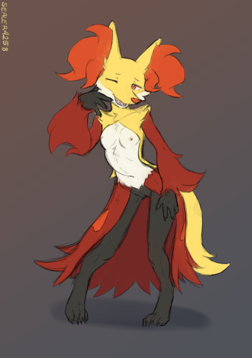 2022 4_fingers 4_toes absurd_res anthro arm_tuft artist_name black_body black_fur breasts claws delphox digital_media_(artwork) facial_tuft feet female fingers fur genitals hand_on_leg hand_on_own_leg hi_res inner_ear_fluff looking_at_viewer multicolored_body multicolored_fur nintendo nipples one_eye_closed open_mouth open_smile pink_nipples pok&eacute;mon pok&eacute;mon_(species) pose pseudo_clothing pussy red_body red_eyes red_fur red_nose sealer4258 simple_background smile solo standing teeth toe_claws toes tongue tuft video_games white_body white_fur yellow_body yellow_fur