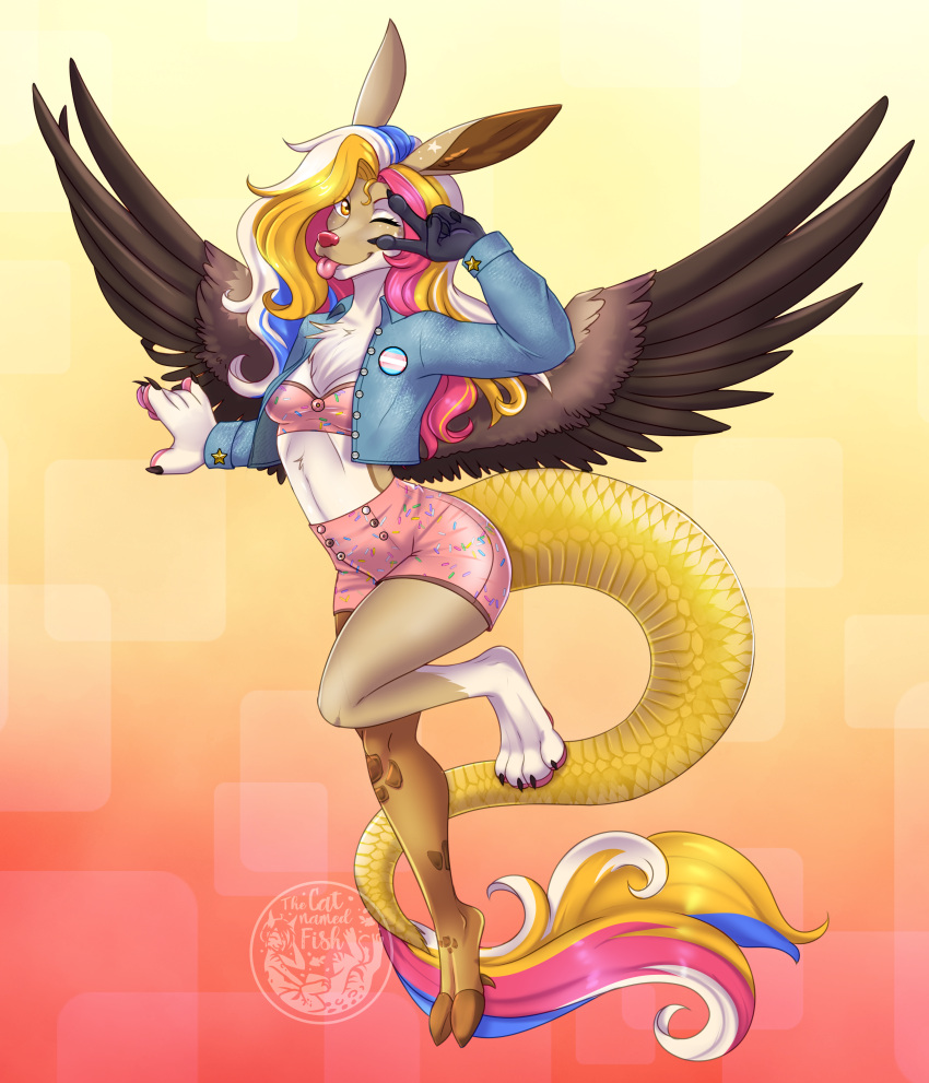 absurd_res anthro blep chimera clothing draconequus female hair hasbro hi_res high_waisted_bottomwear hybrid jean_jacket lgbt_pride multicolored_body multicolored_hair my_little_pony pin_button pride_colors silly_string_(karanakat) solo sprinkles thecatnamedfish tongue tongue_out topwear transgender_pride_colors tube_top